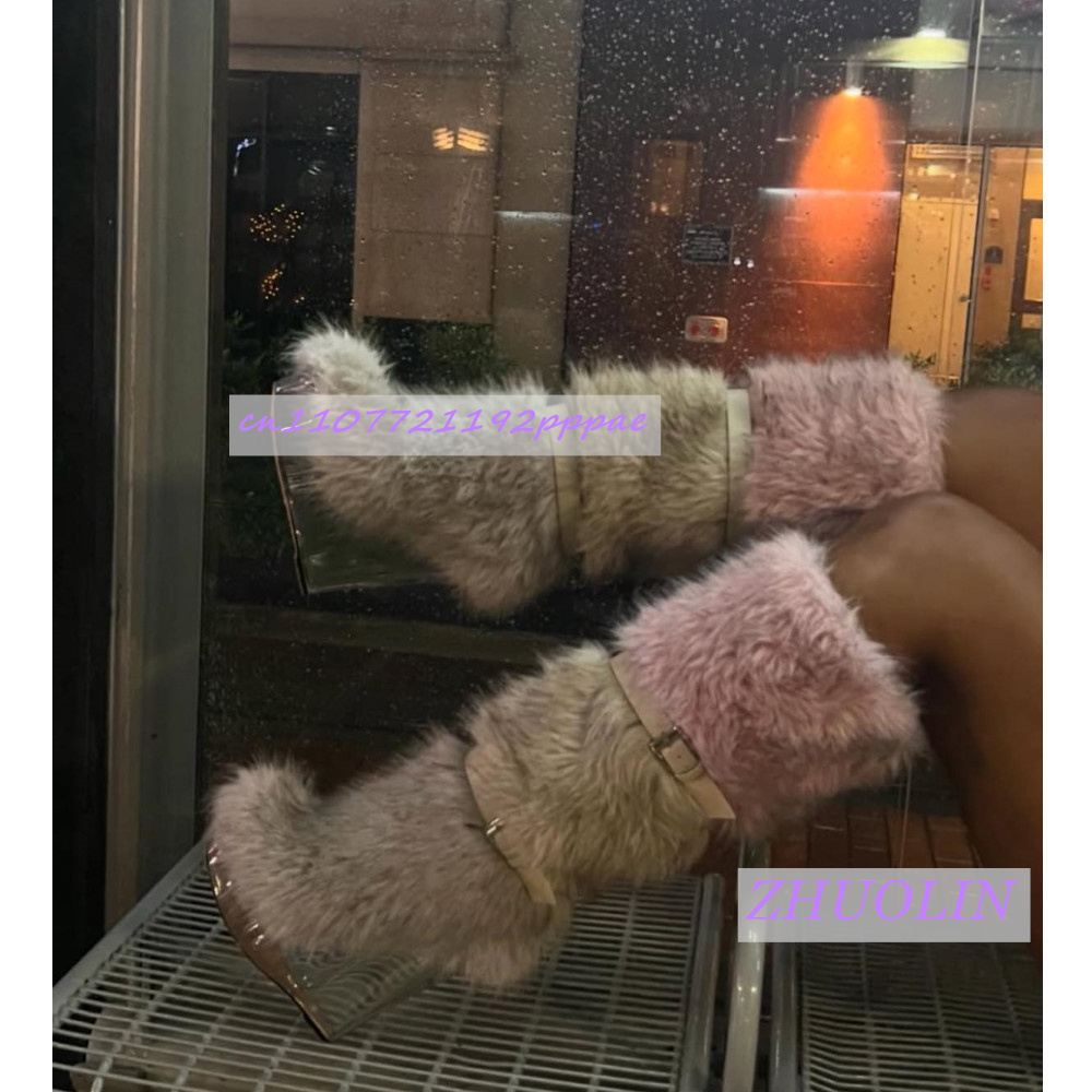 Women'S Fashion Knee High Boots - Botas de cuña transparentes peludas con