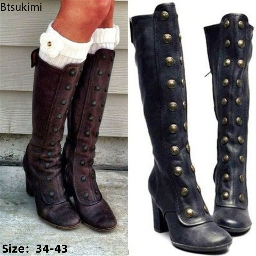 Women'S Fashion Knee High Boots - Botas Retro Negras con Remaches Decorativos,