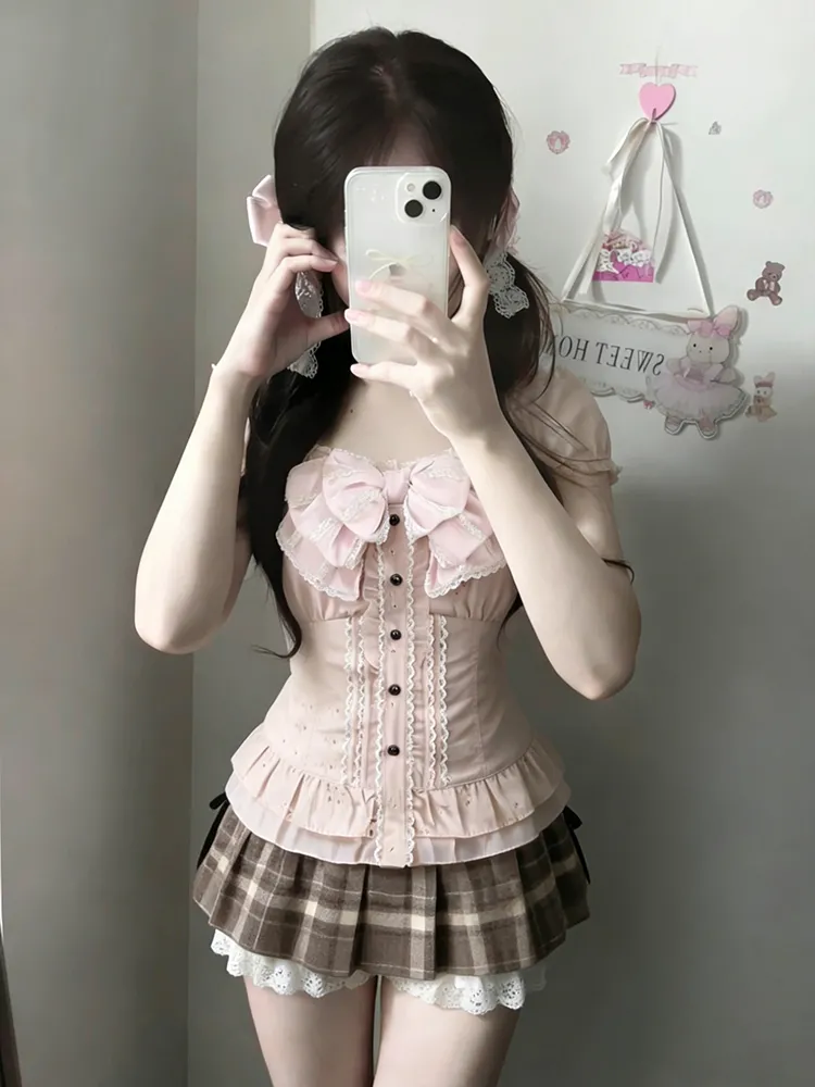 Lace Trim Cami - Conjunto de Tres Piezas Estilo Japonés